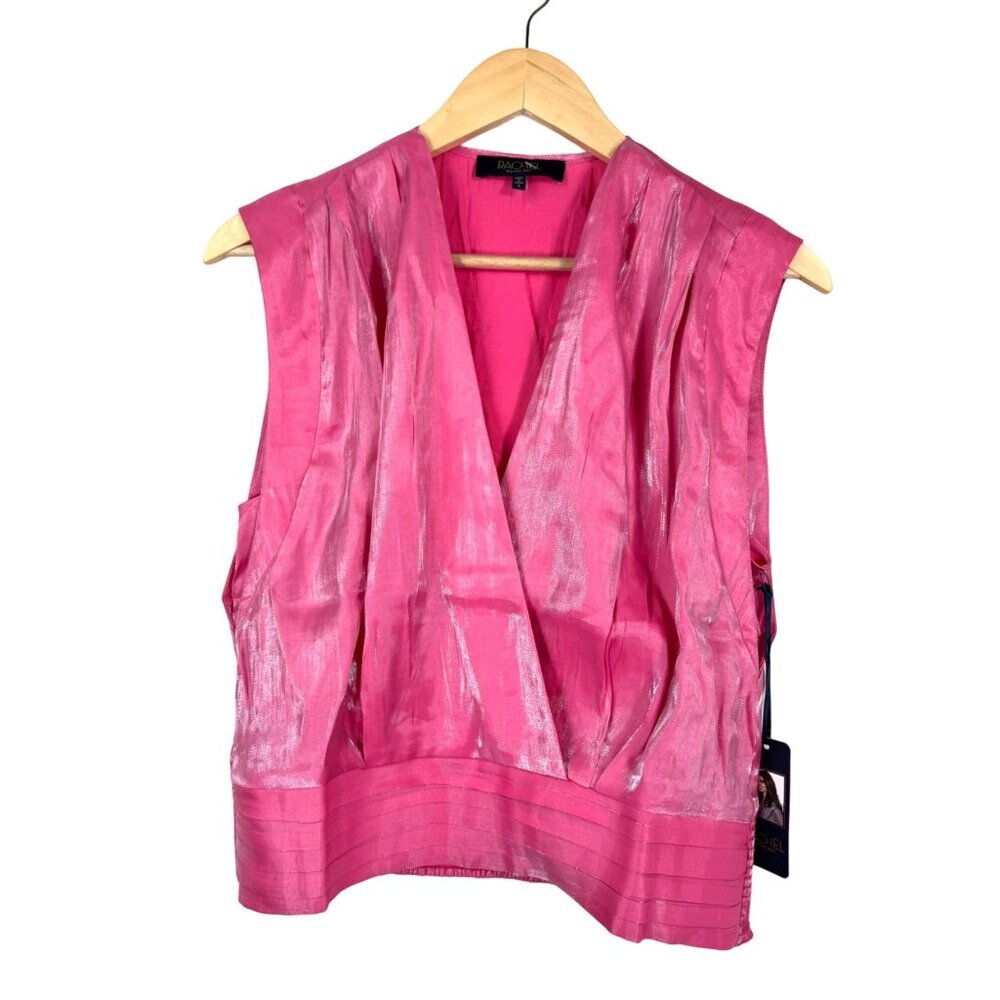 Rachel Roy Shiny metallic Hot pink Wrap smocked blouse‎ sz S
